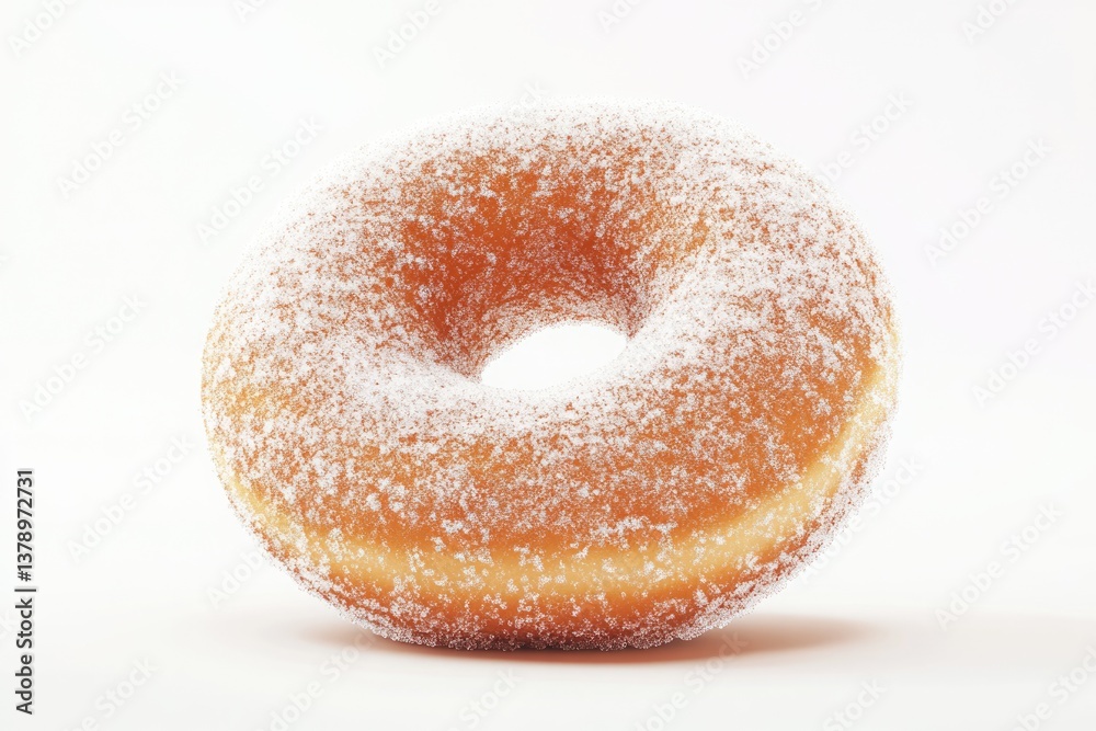 A single, delicious, sugar-dusted donut sits on a white background. A single, delicious, sugar-dusted donut sits on a white background.