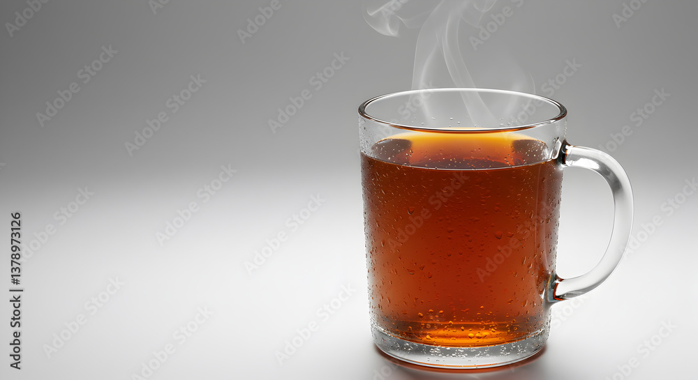 Steaming glass of barley tea on a gray gradient background with condensation Steaming glass of barley tea on a gray gradient background with condensation