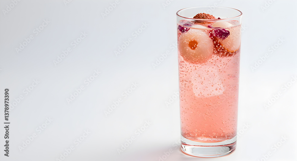 Refreshing lychee rose cocktail in glass on bright white background studio shot Refreshing lychee rose cocktail in glass on bright white background studio shot