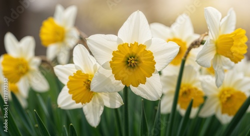 Spring landscape with blooming trees under golden light  