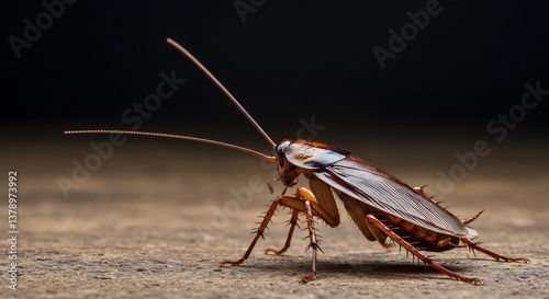 Closeup brown cockroach dark background sharp focus. AI Generated