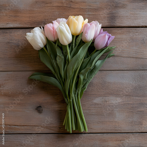 Pastel tulip bouquet on wooden table