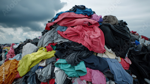Landfill with large pile of old, used, and unwanted clothing. Fast fashion industry waste, textile waste, recycling, ecology, environmental disaster, pollution concept