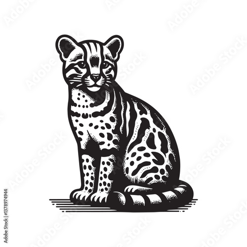 Ocelot Sitting Vector Icon – Vintage Logo & Retro Illustration