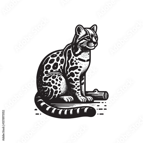 Ocelot Sitting Vector Icon – Vintage Logo & Retro Illustration