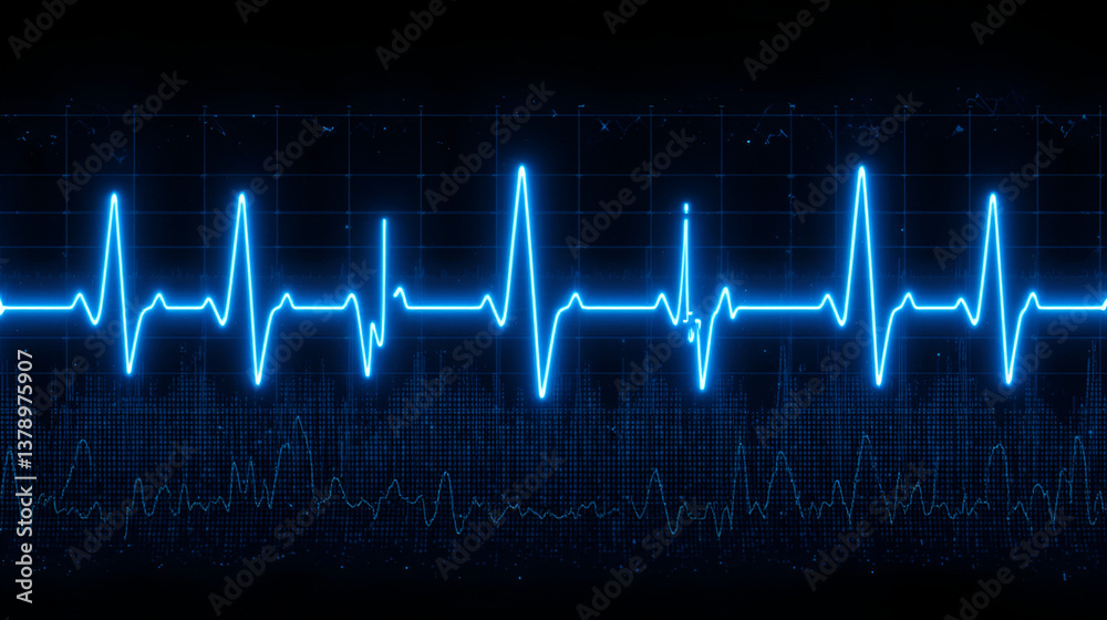 Obraz premium Heart rate monitor electrocardiogram beautiful skyblue bright design on black background. Heartbeat icon. Pulse line illustration.