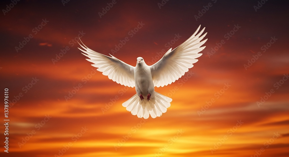 Obraz premium White Dove Soaring Sunset Warm Light. AI Generated