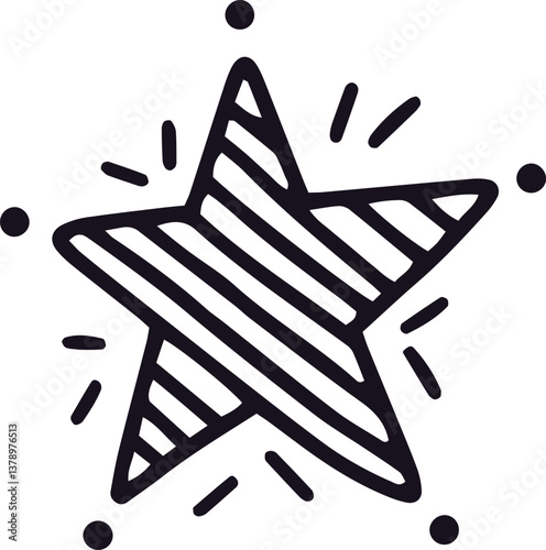 Simple yet captivating hand drawn star with bold stripes, radiating positive vibes and festive energy, perfect for adding a touch of whimsy and celebration to any design