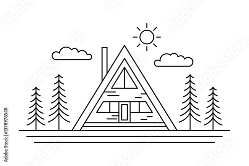 Triangle house and pine trees. Black outline linear silhouette. Editable strokes. Front view. Vector simple flat graphic illustration. Isolated object on white background. Isolate.