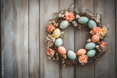Easter wreath on a rustic wooden wall