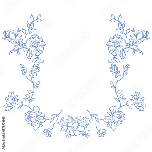 Line Art Blue Floral Frame. Vector Illustration