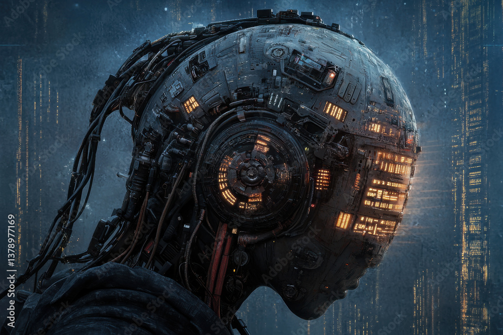 Futuristic robotic head with advanced technology, cybernetic design, and integrated circuitry in a sci-fi setting
