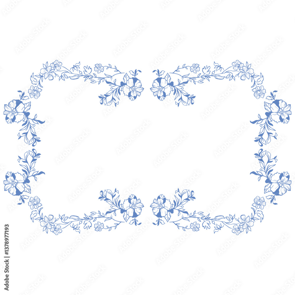 Fototapeta premium Line Art Blue Floral Frame. Vector Illustration