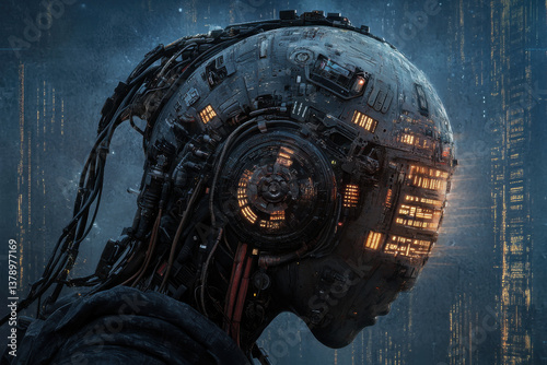 Obraz na płótnie Futuristic robotic head with advanced technology, cybernetic design, and integrated circuitry in a sci-fi setting w salonie