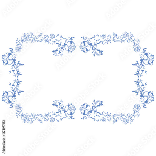 Line Art Blue Floral Frame. Vector Illustration