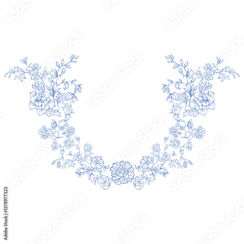 Line Art Blue Floral Frame. Vector Illustration