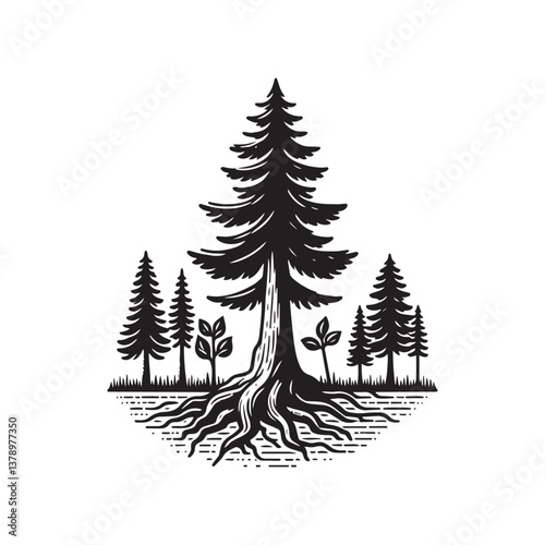 Redwood Tree Front View Vector Icon – Vintage Logo & Retro Illustration