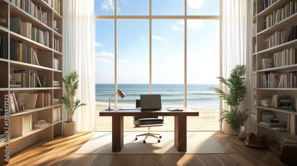 Serene beachfront home office with ocean view and bookshelves in sunlit room ideal for inspiration and productivity