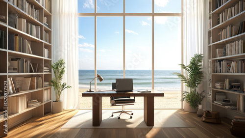 Obraz na płótnie Serene beachfront home office with ocean view and bookshelves in sunlit room ideal for inspiration and productivity w salonie