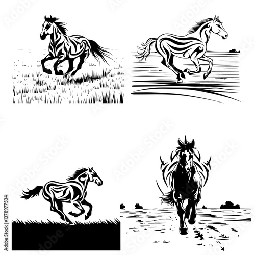 Silhouettes of wild horses and mustangs running across the field. Vector set of black sketches in style of tribal tattoo