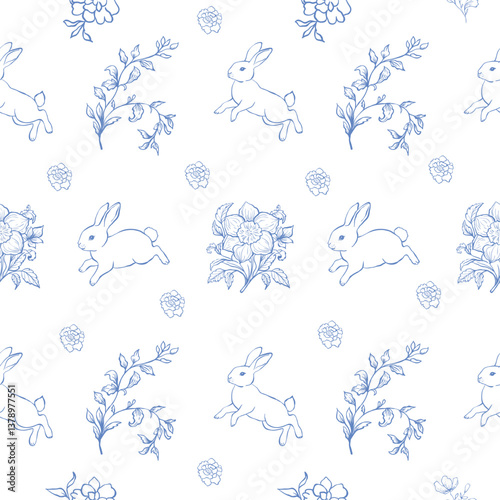 Line Art Blue Easter Seamless Pattern. Vector Illustration.