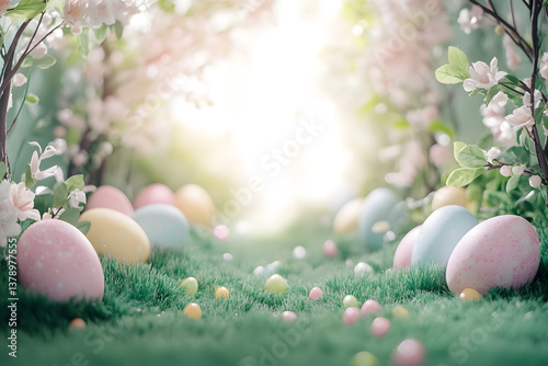 Easter background, pastel-colored Easter eggs and willow branches