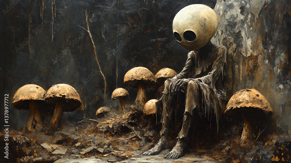 Fantasy scene with alien creature sitting among mysterious mushrooms in a dark enchanted forest