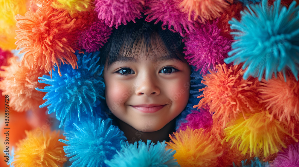 Smiling asian child surrounded by colorful pom-poms in a playful creative setting