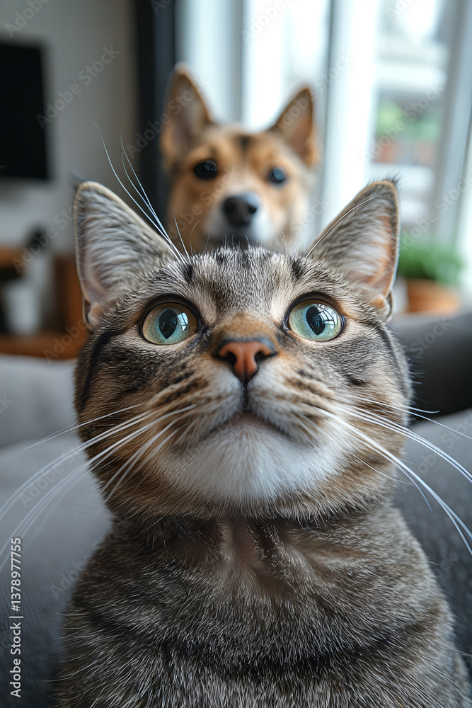 Curious cat and dog duo staring at camera in cozy home environment