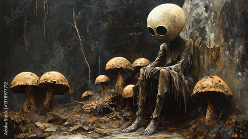 Obraz na płótnie Fantasy scene with alien creature sitting among mysterious mushrooms in a dark enchanted forest w salonie