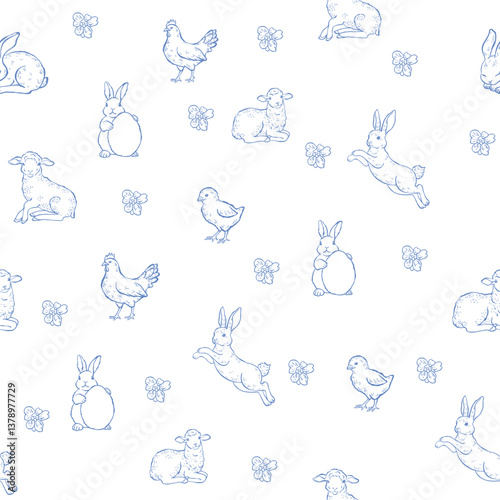 Line Art Blue Easter Seamless Pattern. Vector Illustration.