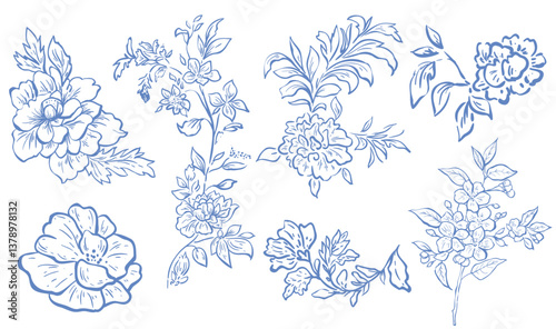 Set of Line Art Blue Flowers and Plants. Vector Illustration.
