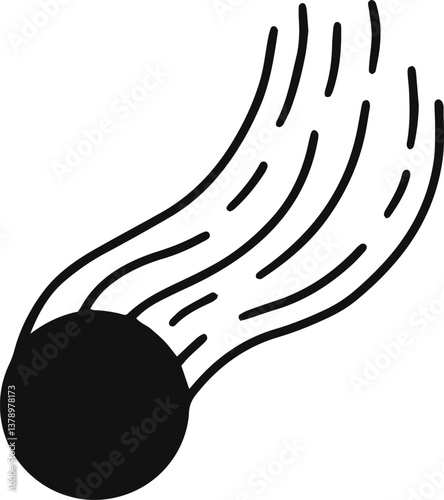 Minimalist vector illustration featuring a sleek black comet soaring through the dark expanse of space, leaving a bright white trail that enhances its swift movement