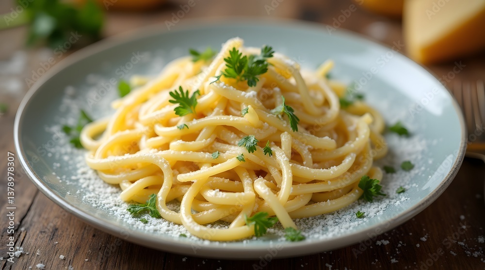 Creamy Fettuccine Alfredo on Rustic Wooden Table Creamy Fettuccine Alfredo on Rustic Wooden Table