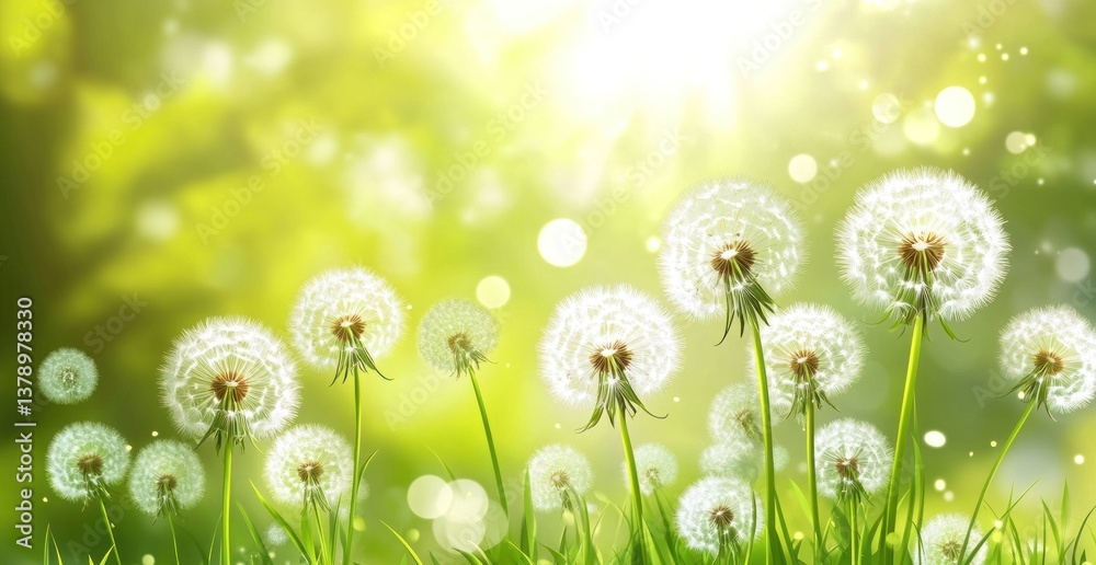 Springtime dandelion field, soft sunlight, natural bokeh background. Possible use nature, greeting card Springtime dandelion field, soft sunlight, natural bokeh background. Possible use nature, greeting card