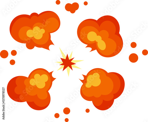 Orange and yellow explosion expanding on a white background, with sparks and smoke clouds creating a dynamic visual effect, ideal for comics, animations or graphic design projects