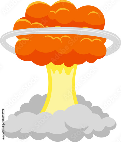 Vibrant orange and yellow mushroom cloud billowing upward from a dense gray smoke, symbolizing the devastating impact of a nuclear explosion with an expanding shockwave ring