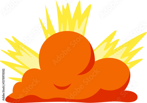 Cartoon illustration of an orange mushroom cloud exploding with yellow flames rising, isolated on a white background, representing a nuclear explosion or other powerful detonation