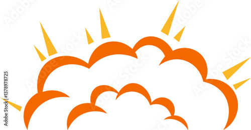 Orange cartoon explosion expanding with yellow rays on white background, creating a dynamic and energetic visual effect, suitable for various design purposes