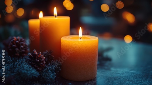 Warm candlelight glows on a dark blue surface, accented by pine cones. A cozy, inviting scene with a soft, blurred background