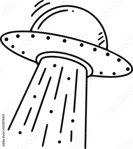 Hand drawn spaceship hovering and emitting a beam of light, creating a simple yet captivating representation of alien technology and space exploration