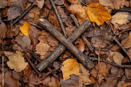 Aerial view of a twig and grass asterisk on dry leaves with clean composition and copy space