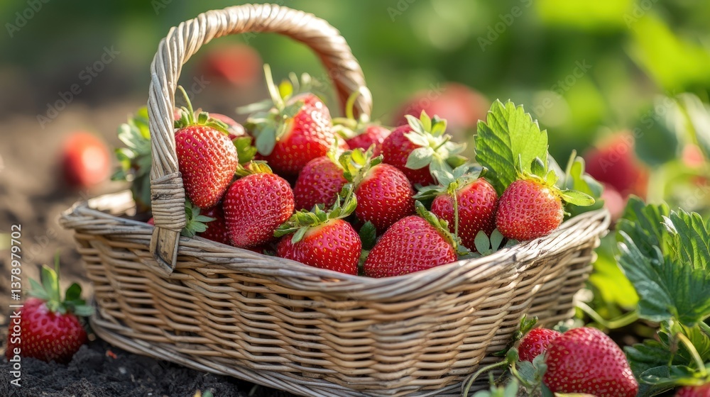 A wicker basket is filled with freshly picked ripe strawberries A wicker basket is filled with freshly picked ripe strawberries