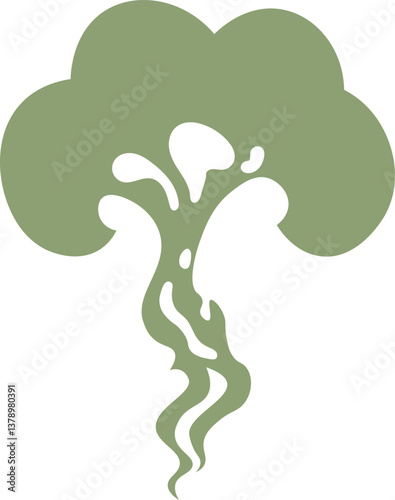 Flat vector illustration of a stylized green smoke cloud rising up with curvy lines and splatters, resembling a geyser or a volcanic eruption