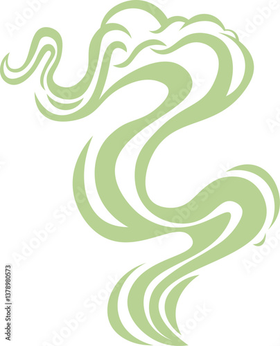 Stylized green smoke rising and swirling in smooth lines creating a decorative and elegant pattern, ideal for backgrounds, logos, and illustrations related to nature, wellness, or spirituality