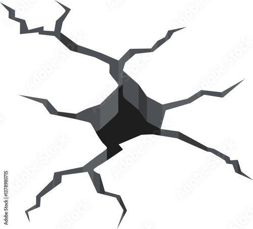Large crack splitting white surface creating hole, earthquake or drought effect, damaged wall or ground, metaphor for destruction, separation, broken relationship