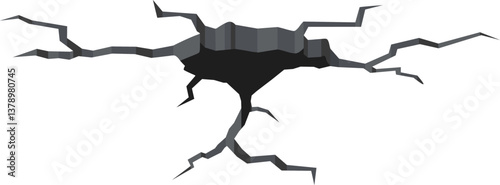 Ground splitting open, creating a large crack and forming a dark hole, illustrating the destructive impact of earthquakes or droughts on the earth's surface and terrain