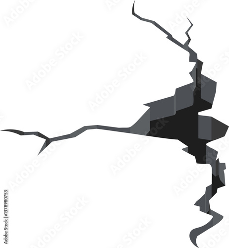 Deep crack splitting a white surface, creating a dark gap that divides the entire area into two distinct sections, highlighting the impact of damage and geological forces