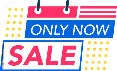 Calendar page displaying a vibrant sale message, featuring a special offer in striking blue and pink hues adorned with cheerful yellow dots, capturing attention with its bold design