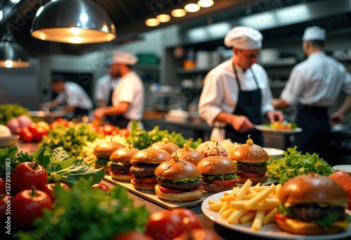 Delicious gourmet burgers with fresh ingredients in a bustling kitchen photo